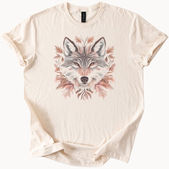 Wolf Art Shirt Autumn Leaves Animal Graphic Nature Earthy Tones Tee - Picture 1 of 6